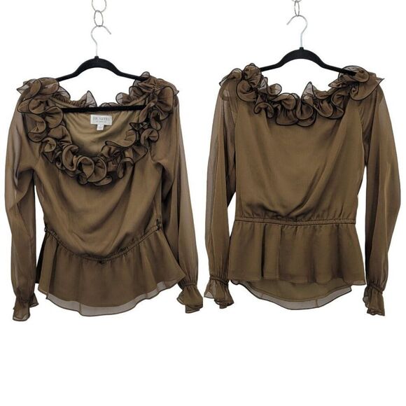 Vintage Tops - Vintage Long Sleeve Ruffle Collar Peplum Blouse Top 4 Green Sheer Formal